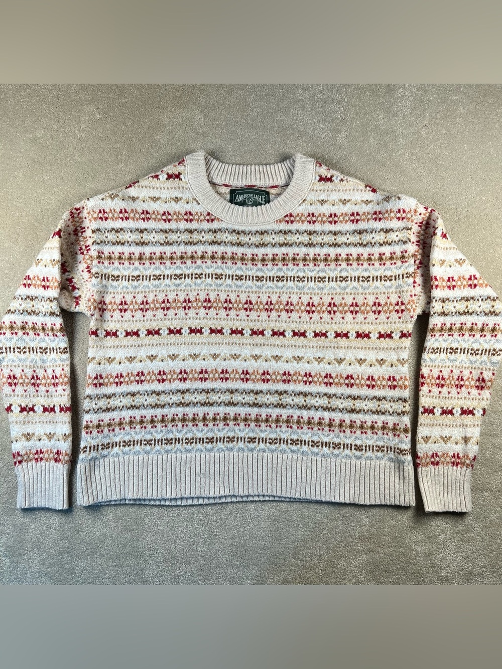 American Eagle Sweater Fair Isle‎ Snowdrift Cream Red Crew Neck Women's Small